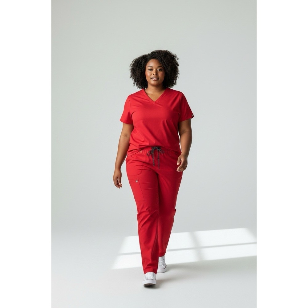 Fabletics Women's XL Red Scrub Set V Neck Top Drawstring Cargo Pants